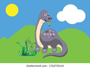 pequeños dinosaurios graciosos comen hojas verdes sobre el fondo con sol de las montañas y nube