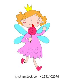 Little funny fairy waving her hand and eating Lollipop