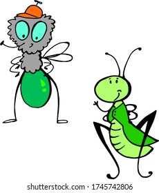 Little funny fly and grasshopper perfect for logos isolated on white background