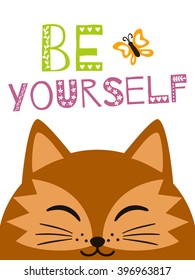 Little funny fox. Motivating card - enjoy every moment. Vector illustration.
