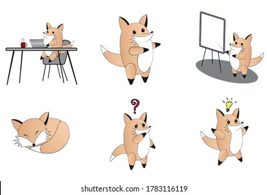 Little funny fox in the office. Set of cartoon illustrations.  Isolated vector for mobile app, sticker, greeting card, site.