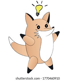 Little funny fox rejoices because solved the problem. An idea came. Cartoon character. Isolated vector for mobile app, sticker, greeting card, site