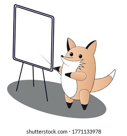 Little funny fox shows presentation on flip chart paper. Cartoon character. Isolated vector for mobile app, sticker, greeting card, site.