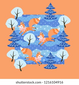 Little funny foxes frolic in mixed winter forest among the snow-covered trees. Cute card design in vector. 