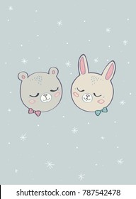 little funny friends/ bear and rabbit/ vector illustration