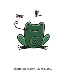 Little funny frog with fly. Isolated on white background. Cartoon for your design
