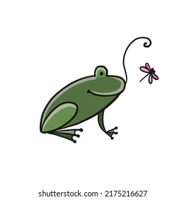 Little funny frog with fly. Isolated on white background. Cartoon for your design