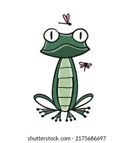 Little funny frog with fly. Isolated on white background. Cartoon for your design