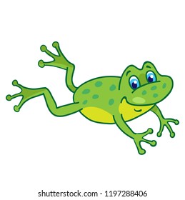 Little funny frog is jumping.  In cartoon style. 
Isolated on  white background. Vector illustration.