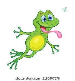 Little funny frog jumping with his tongue hanging out. In cartoon style. Isolated on white background. Vector illustration.