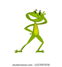 Little funny frog winking, green cute amfibian animal cartoon character vector Illustration on a white background