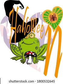 Little funny frog in a witch hat and with fly agaric and spider. Halloween