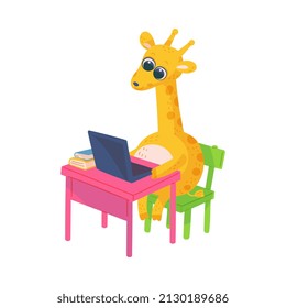 Pequeño aprendizaje de jirafas divertidas en la escuela, dibujos animados de ilustraciones planas vectoriales aisladas en fondo blanco. Estudiante de escuela de animales sentada en el escritorio con libros.