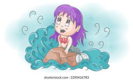 Little funny girl Chibi mermaid sitting on a stone in the middle of the water, color contour vector illustration in doodle style