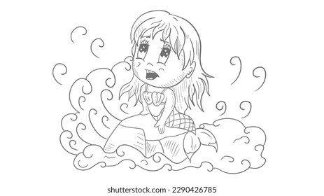 Little funny girl Chibi mermaid sitting on a stone in the middle of the water, contour vector illustration in doodle style