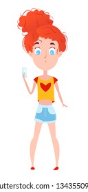 Little funny girl makes selfie on the phone. Photographs inflated sponge. The child is wearing a t-shirt with a heart and shorts. Portrait in full growth. Vector illustration in cartoon style.