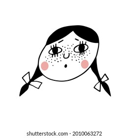 Little funny girl with pigtails drawn by hand in modern doodle style isolated on white. Character of people collection. 