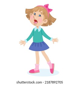 Little funny girl sings. In cartoon style. Isolated on white background. Vector flat illustration.