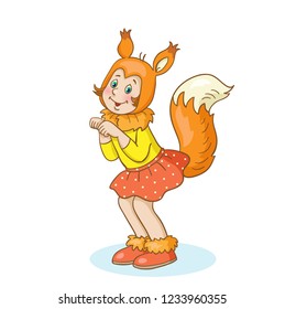 Little funny girl in a squirrel costume for a school party. In cartoon style. Isolated on white background. Vector illustration.