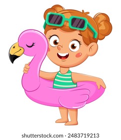 Little funny girl in swimsuit holding inflatable ring. Cute girl cartoon character. 