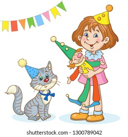 Little funny girl with a toy clown and a gray kitten in a cap. In cartoon style. Isolated on white background. Vector illustration.