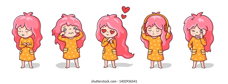 Little funny girls in orange pajamas: in love, listening to music, making faces, crying, offended. Cartoon characters for emoji, pins, stickers, badges, patches, prints. Vector illustration.