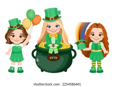 Little funny girls set in Irish costumes holding an Irish balloon, sitting in gold of pot and holding rainbow  leprechaun hat. St. Patrick s Day Vector