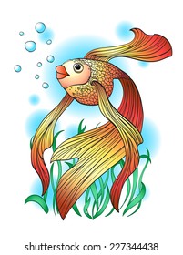 Little funny goldfish on a background of seaweed with bubbles