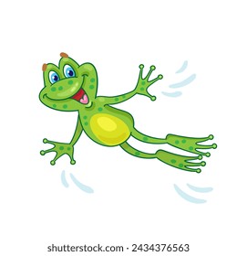 Little funny green frog is flying. In cartoon style. Isolated on white background. Vector illustration.