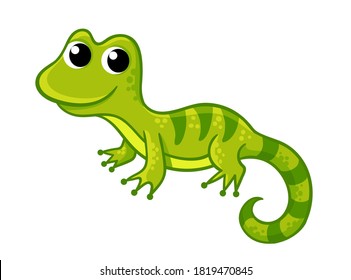 Little funny green lizard in a cartoon style on a white background. Vector illustration with cute animals.