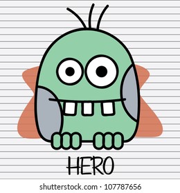 Little funny green monster hero with cape, vector illustration