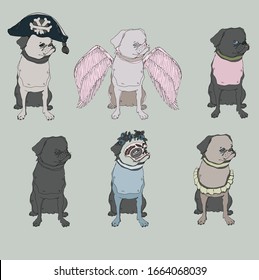 Little funny Griffon dogs. Vector hand drawing illustration. Sketch with funny pets. Vector logo with pti brabanson dogs. Textille and card design.