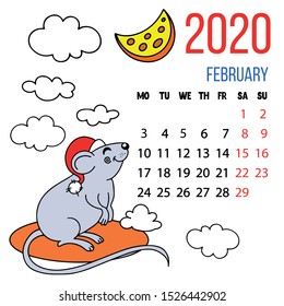 Little funny hand vector mouse with month february calendar for the 2010 year. New year and christmas decorations. Table planner, time manegement decoration, wall calendar.