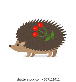 Little funny Hedgehog with a branch of berries. flat vector illustration isolated on white background