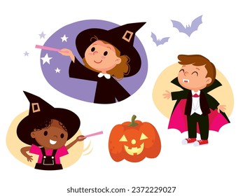 Little funny kids wearing carnival costumes at Halloween party indoors. Halloween party design concept with happy kids celebrating traditional october festival. Young kids party invitation.