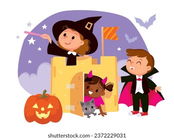 Little funny kids wearing carnival costumes at Halloween party. Halloween party design concept with happy kids celebrating traditional october festival. Young kids party invitation.