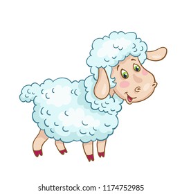 Little funny lamb stands isolated on white background. In cartoon style.