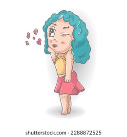 A little funny man Chibi in clothes sends an air kiss, a color contour vector illustration in the style of a doodle