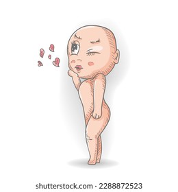 A little funny man Chibi sends an air kiss, a color contour vector illustration in the style of a doodle