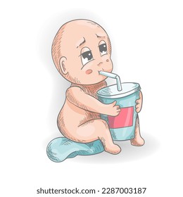 Little funny man Chibi sitting drinking juice from a glass through a straw, contour vector color illustration