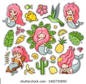 Little funny mermaids, hummingbird, fish, tropical leaves, fruits, sea shell. Set of summer cartoon stickers, patches, badges, pins, prints. Doodle style. Vector illustration. 