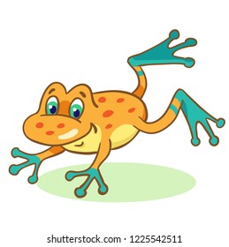 Little funny orange frog is jumping.  
Isolated on a white background. In cartoon style.