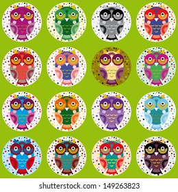 little funny owls on green background. Vector 