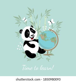 Kleiner lustiger Panda mit einem Globus. Panda unterrichtet Geografie. Illustration für Kinder.