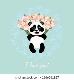 Little Funny Panda With A Large Bouquet Of Flowers.