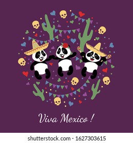 Little funny pandas dance in Mexican hats. Children's illustration decorated with confit, garlands, skulls, cacti.