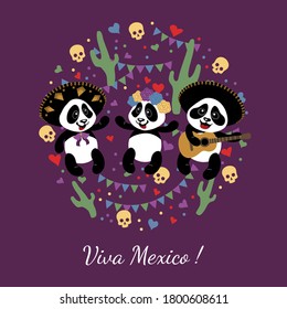 Little funny pandas have fun at the festival. Children's illustration is decorated with confit, garlands, skulls, cacti.