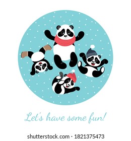 Little funny pandas play with their mother in winter. Vector illustration for children.