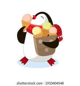 Kleiner lustiger Pinguin isst Eis und hält eine Tüte Eis. Vektorgrafik, Cartoon