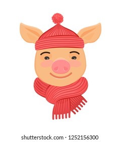 Little funny pig in a knitted hat and scarf. Cartoon vector illustration